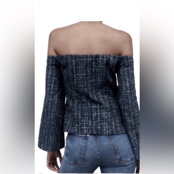 NWT ZARA OFF SHOULDER TWEED NAVY BLUE AND WHITE TOP - Picture 3 of 7